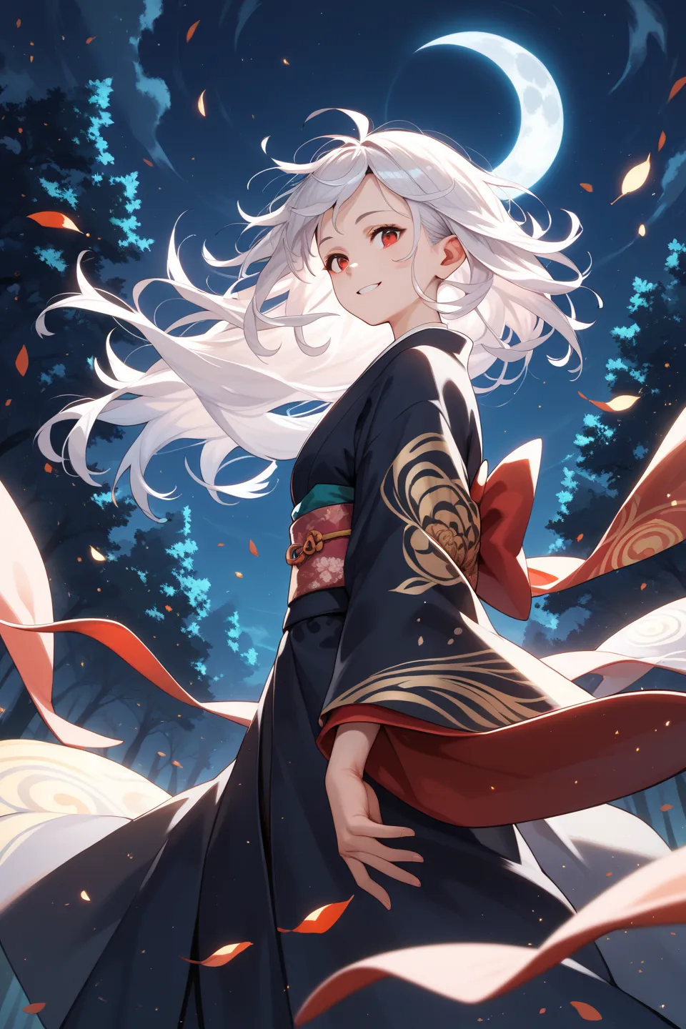 Score_9, best quality,Dynamic,From below, 1 Girl,White hair, red eyes, kimono,wicked smile,nature,messy hair,night,moon,wind,From the side,looks at the audience