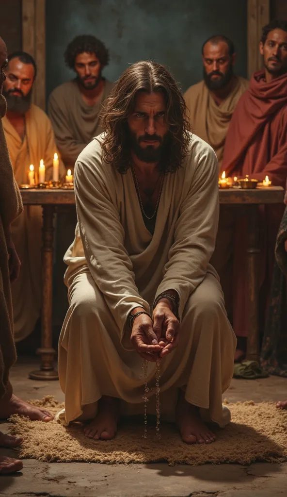 "First-person vision of Jesus Christ kneeling before them, washing their feet with humility and compassion. Other disciples watch around, the light of the lamps illuminates the scene in warm tones."