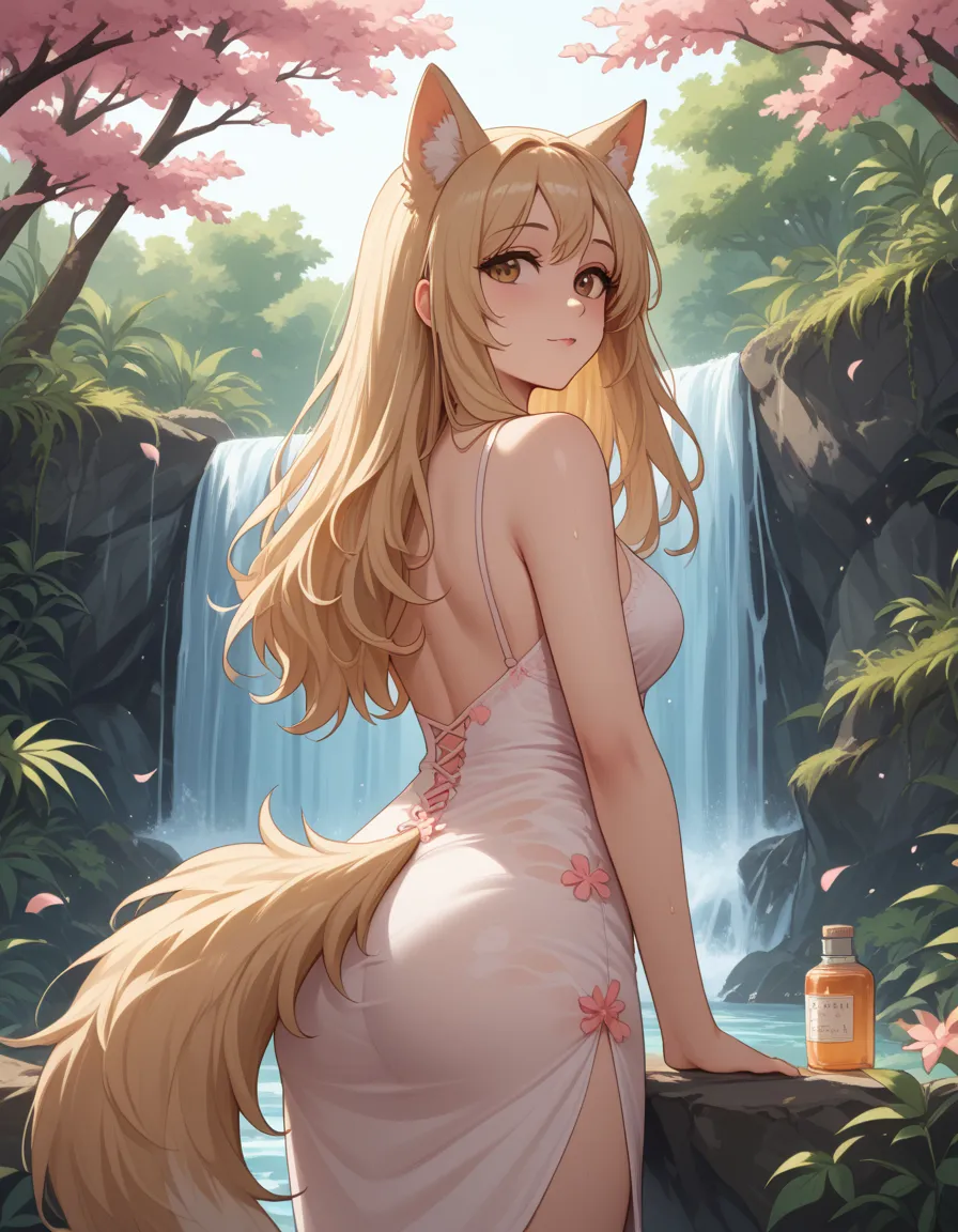 (Masterpiece) (High Detail) (High Res) A short curvy slim Humanoid canine female with pale human skin and brown eyes and long blonde straight hair and fluffy blonde floppy doggy canine ears and a long fluffy blonde doggy canine tail and medium breasts. She...