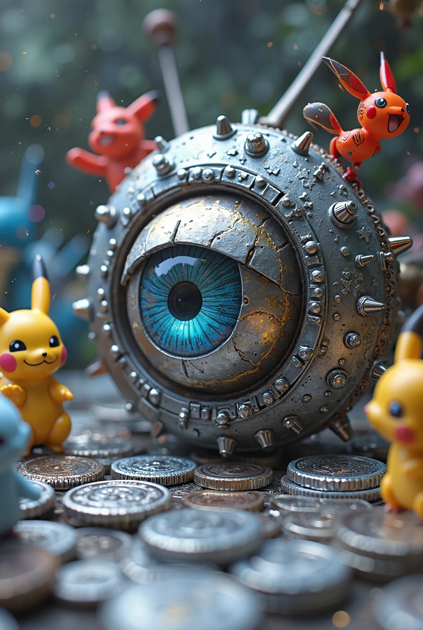 Mechanical eye surrounded by silver coins and pokemon  With TRONIC_EYE_COLLECTIBLES 