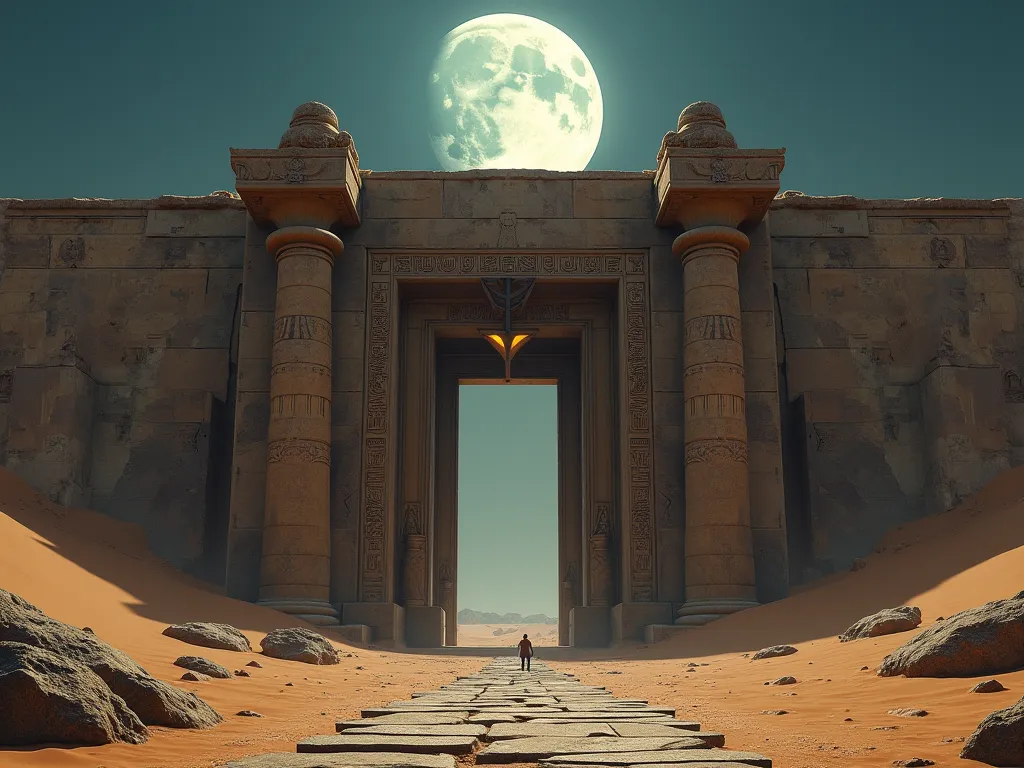 A grand Egyptian-themed structure in a vast desert under a mystical moonlit sky. The entrance features a large rustic wooden gate with a weathered texture, flanked by two massive stone columns, similar in design to ancient temple gateways. The gate has a s...