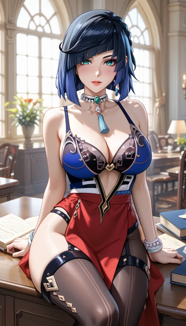 (masterpiece, best_quality:1.2), 1girl, solo, mature female, Yelan Genshin Impact, medium length hair, black with blue hair, (housewife:1.5,), beautiful eyes, female focus, looking at viewer, blush, large breast, cleavage, wide hips, ((solo)) detailed, ver...