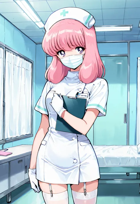 Score_9, score_8_up, score_7_up, source_anime, nakajima_noriko, solo, medium hair, pink hair, purple eyes, (best quality), (high quality), {masterpiece}, extremely delicate and beautiful, ultra-detailed, beautiful detailed eyes, nurse, nurse hat, ((white n...