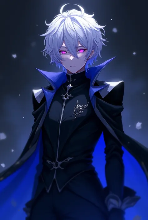 Anime male with white hair wearing white mask, eyes have purple lights, black dress with blue