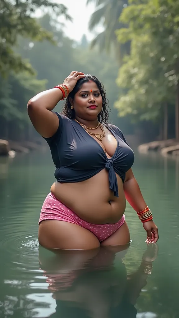  A plus size indian kerala beautiful woman bathing in river wearing a pink bra and a pink panties (white dots on panties) . Thick and long leg ,, one hand put it on head  ,bangles on hand, breast exposed