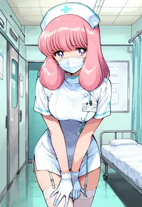 Score_9, score_8_up, score_7_up, source_anime, nakajima_noriko, solo, medium hair, pink hair, purple eyes, (best quality), (high quality), {masterpiece}, extremely delicate and beautiful, ultra-detailed, beautiful detailed eyes, nurse, nurse hat, ((white n...