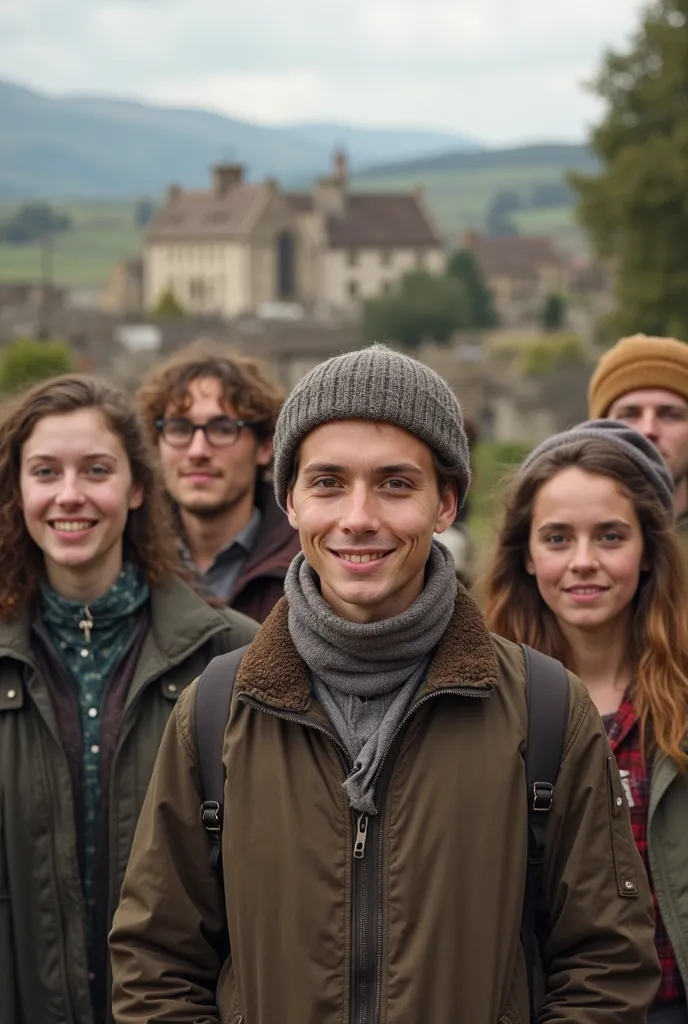 A group of 19-year-old  jew.   men and jews women in front of a beautiful  village in the front, with focus on the realistic photo of their faces