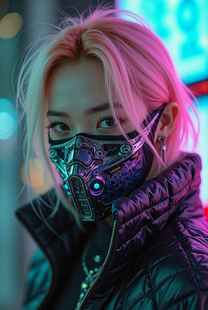 Play a male Korean character with blond hair looking like an idol. having her nails painted light blue and a streatwere outfit. Your mascara is very stylish and urban, Conceal your face well. This mask is purple and green with some orange and black element...