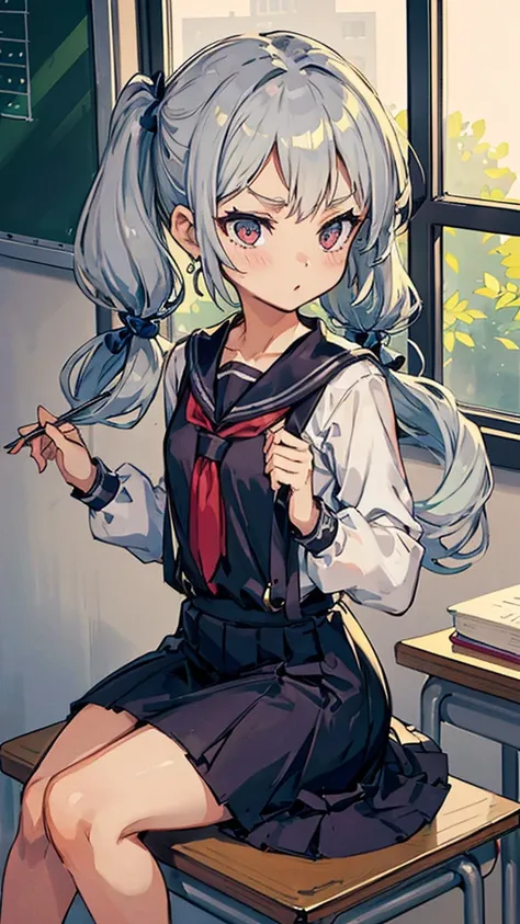 Young girl with grey hair, ((fringed and curly hair)),((curly short twintail)), curly hair ,(red eyes),((small bushy eyebrows)), wearing gothic lolita clothing, lolicon , to school,((bored eyes, bored face)), walking to school, in a classroom sitting with ...