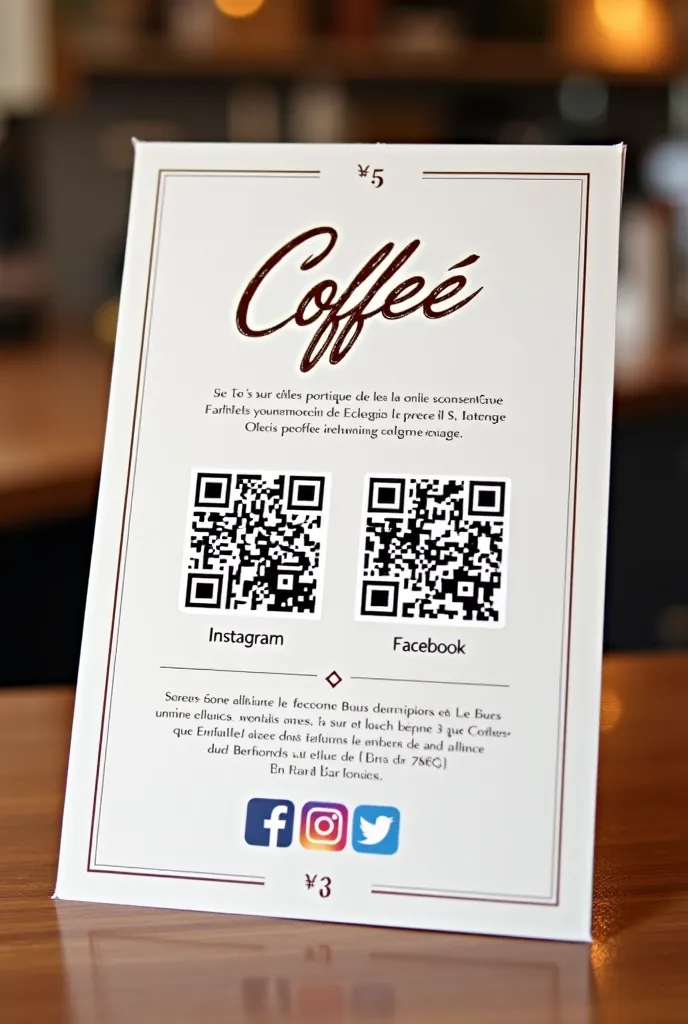 Crée une fiche A5 avec un design élégant et moderne, destinée à être placée sur le comptoir d’un coffee shop. La fiche doit contenir un espace pour deux QR codes (Instagram et Facebook), accompagnés des icônes de chaque réseau social. Le texte doit être en...