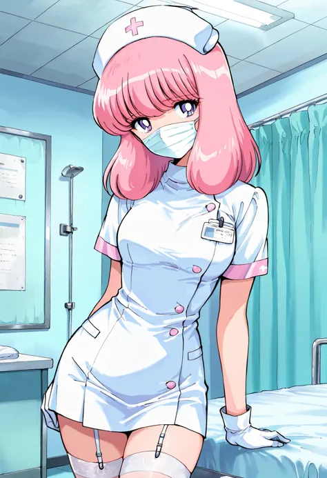 Score_9, score_8_up, score_7_up, source_anime, nakajima_noriko, solo, medium hair, pink hair, purple eyes, (best quality), (high quality), {masterpiece}, extremely delicate and beautiful, ultra-detailed, beautiful detailed eyes, nurse, nurse hat, ((white n...