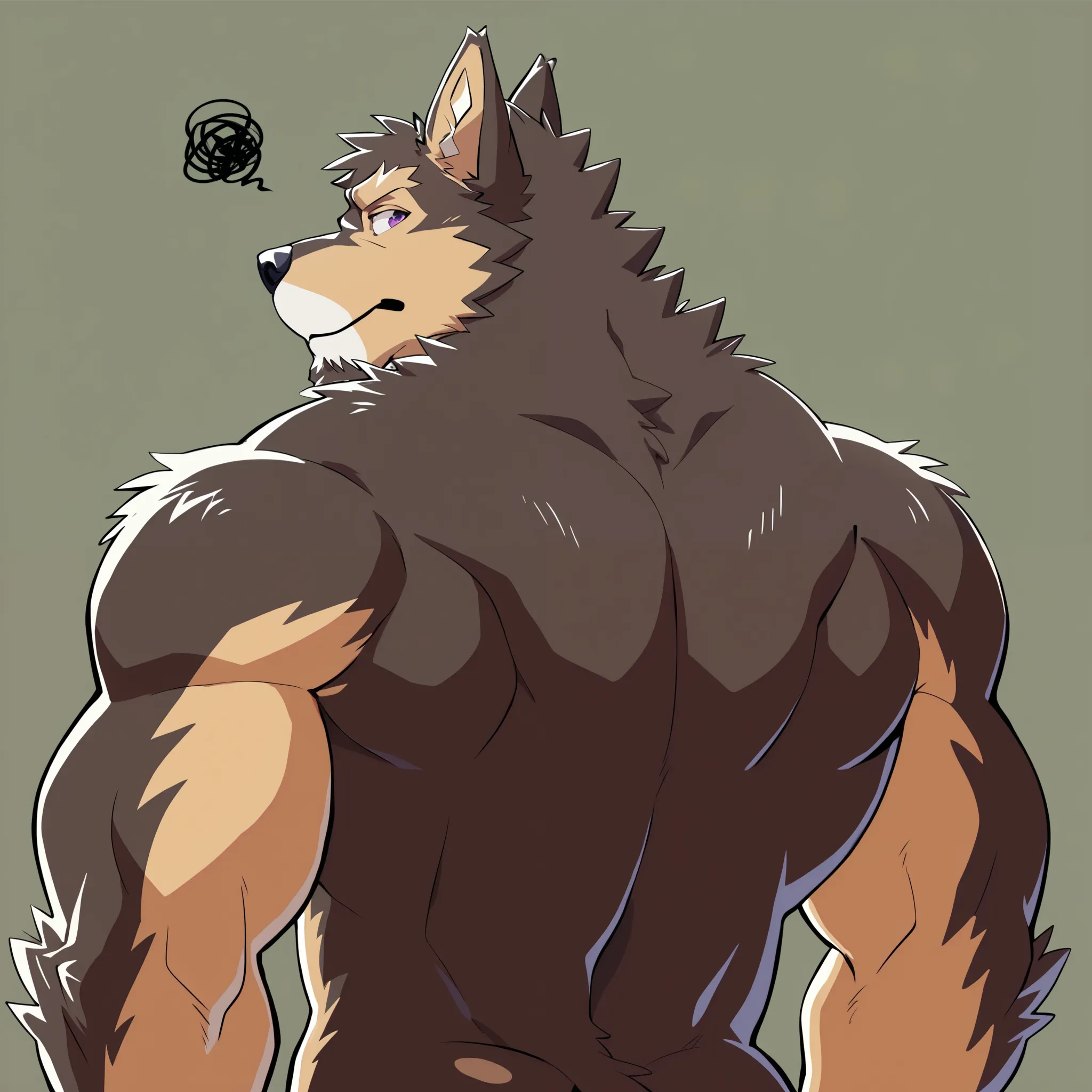 Scribble    German Shepherd face,Pubraseer(  German Shepherd),(nude:1.3), Muscular , brown fur ，（ artist :Takemoto Arashi），（ buttock bulges:1.3） ，purple eyes，butt，(Back view:1.3)，Smile