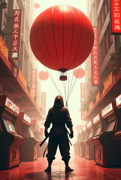 Draw a ninja picture of a game center and the visionary identity in a red and beige balloon 