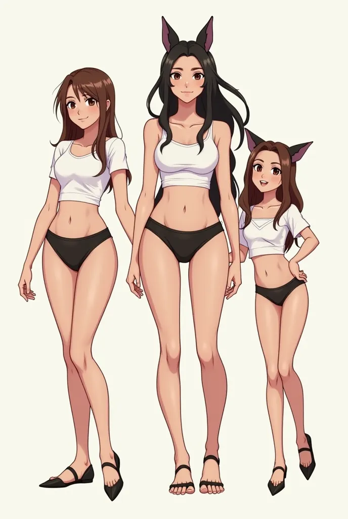 Make an image with these characteristics in anime style

Character Sheet: Miriam, Citlali y Liana
Miriam
- *name:* Miriam
- *Age:* 23 years old
- *fur:* Brown
- *hair:* Negro
-  *eyes:* Dark Brown
- *Stature:* 153 cm
- * Body:* Thin
- *chest:* small , but ...