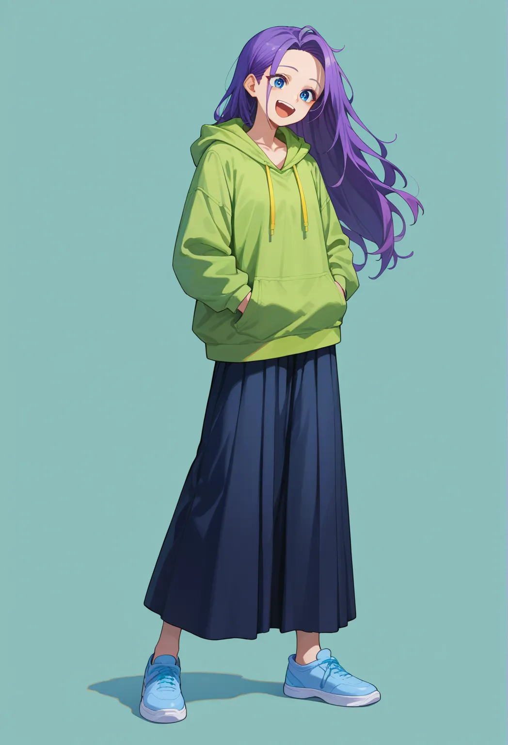  purple hair , long hair,Lime green hoodie,black long skirt,,Light blue shoes,light blue eyes, has a pickaxe,simple background, chest, 大きなchest,  and laugh, 