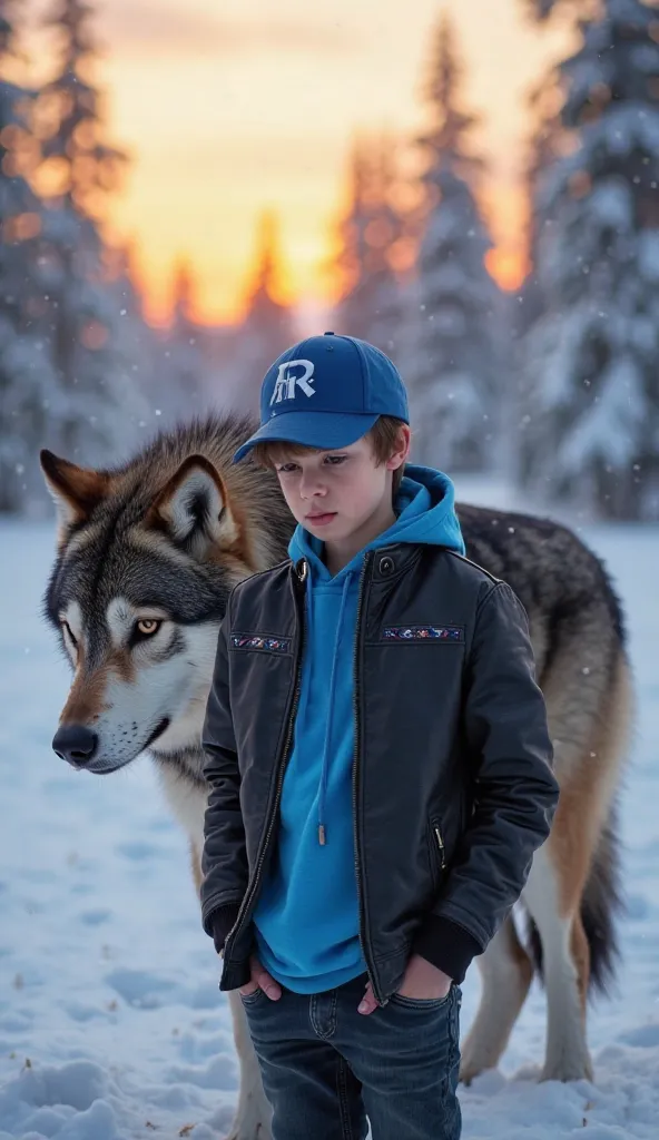 A young individual,  possibly a ager , standing confidently in a snowy landscape. The person is wearing a black and blue leather jacket, a blue t-shirt and a blue cap with the letter "R"And looking at the floor. Behind the individual there is a huge wolf t...