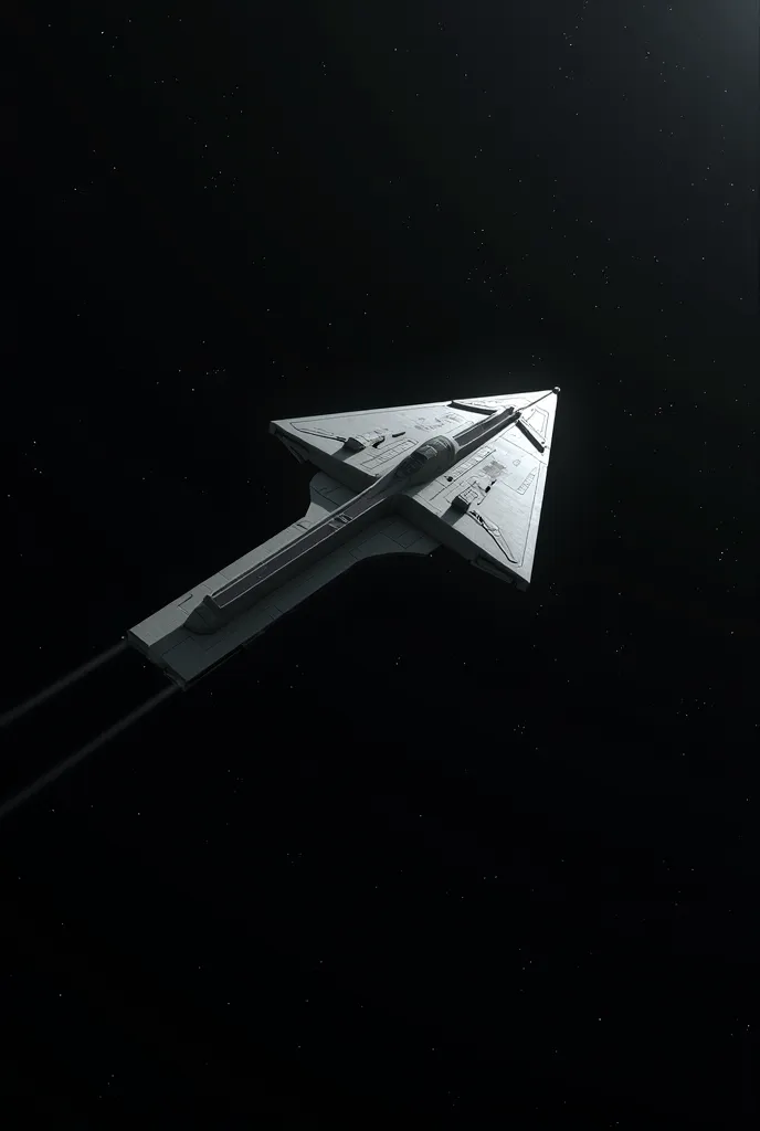 Spacecraft, one spaceship, trapezoidal shape, simple design, flying through space.