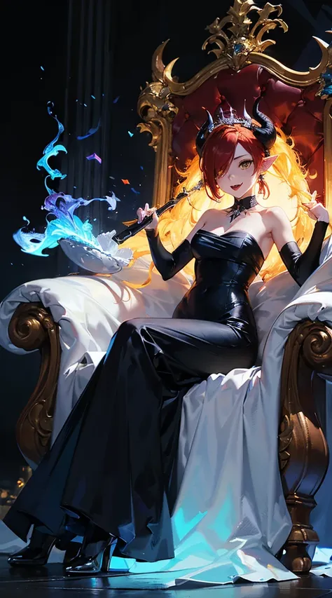 Wide shot, 1girl, hekapoo, fangs, white skin, horns, hair over one eye, dress, black dress with blue fire details, strapless, blue fire hair, long hair, absurdly long hair, black tiara, pointy ears, yellow eyes, black boots, blue fire, Will-o'-the-wisp, gh...