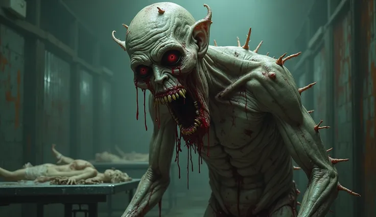 An evil entity with melting skin, stitched mouths and eyes bleeding in a dark and creepy morgue,  horror movie image 