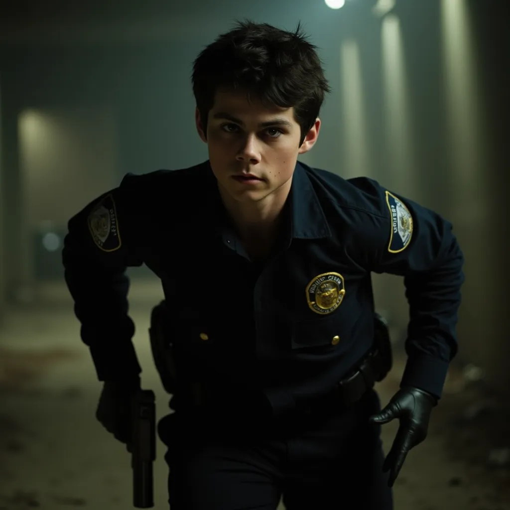 A handsome boy with dark hair, detailed eyes, nose,  My lips , ((street police clothing)), running with a gun in one hand in an abandoned warehouse setting, half body, (Best Quality, 4K, 8k, high resolution, masterpiece: 1.2), (Realistic, foto Realistic, f...