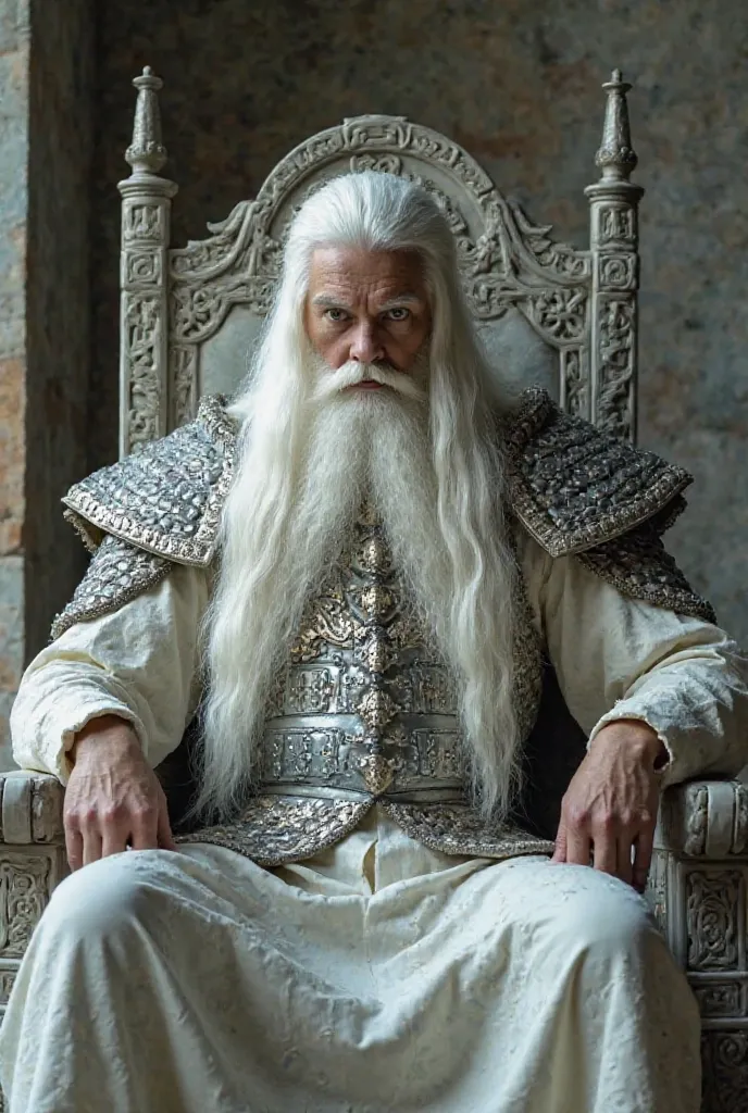 A king seated on his throne made of gray marble, with long and straight hair totally white as well as your big beard that goes up to your chest, a young-looking king , white-skinned with some scales, Are your eyes green and reptilian. He is wearing an eleg...