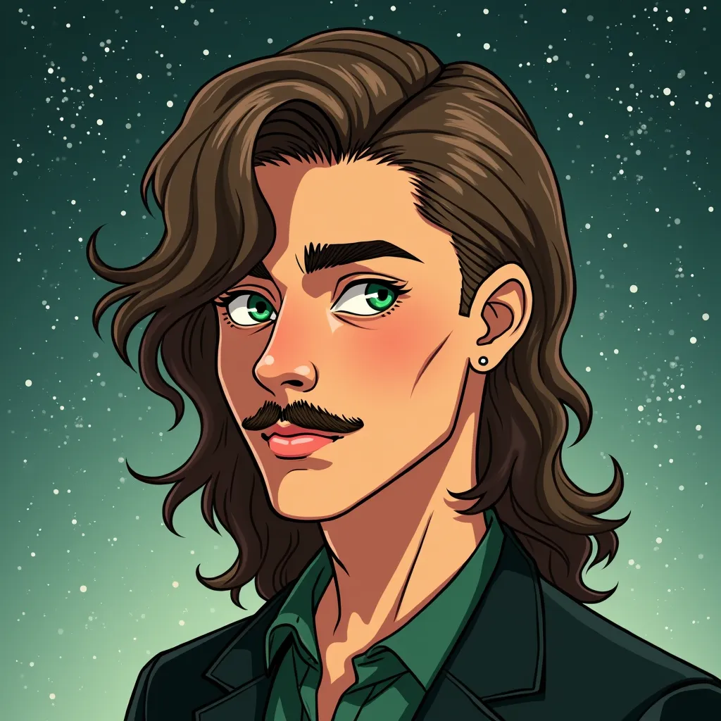 Draw a young guy with long hair and shaved sides,  with green eyes , medium flat nose and with moderately mobile lips,  with green eyes  і довгими густими але акуратними бровами, with a small somewhat sparse mustache in the style of the animation of the So...