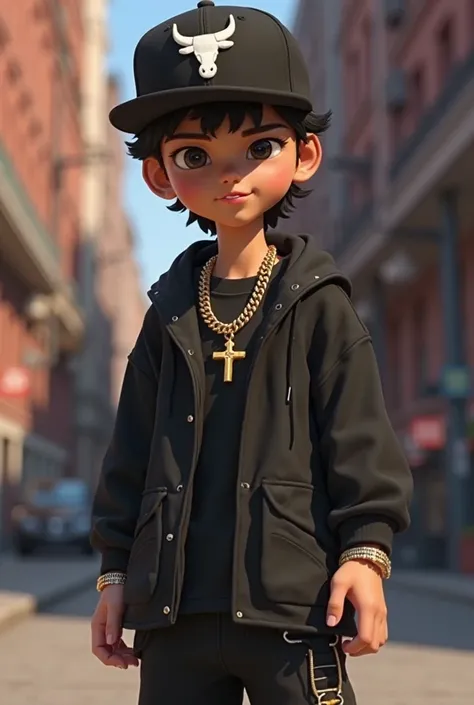 Give me an animated character wearing a black bulls cap with white logo, black clothing, a gold chain with a cross, a small silver bracelet and short cut Jordans with a light skin color.