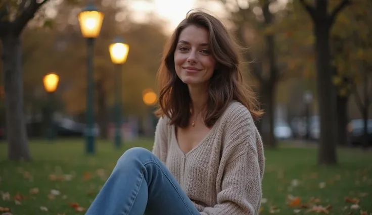 A woman with medium-length brown hair, wearing a cozy sweater and jeans, sitting peacefully in a serene park. She has a calm, content expression on her face, and her body language is relaxed. The setting is at dusk, with soft, golden streetlights casting a...