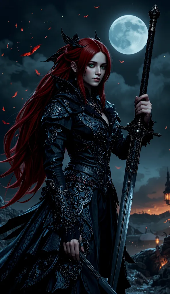 crea a una cazadora de vampiros  looking at the horizon  de cuerpo completo, wearing an ornate and gothic dark Victorian costume inspired by Bloodborne, smooth and long red hair,  white skin and green eyes,  with a sword with a black edge,  in a Victorian ...