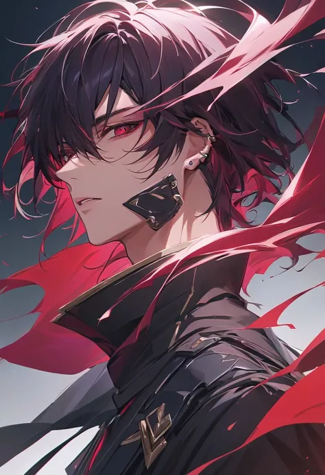 A highly detailed, ultra-HD anime-style illustration of a male bounty hunter character. His hair is depicted with silky highlights and vivid texture, each strand flowing intricately and realistically. His hair is a deep black with subtle crimson undertones...