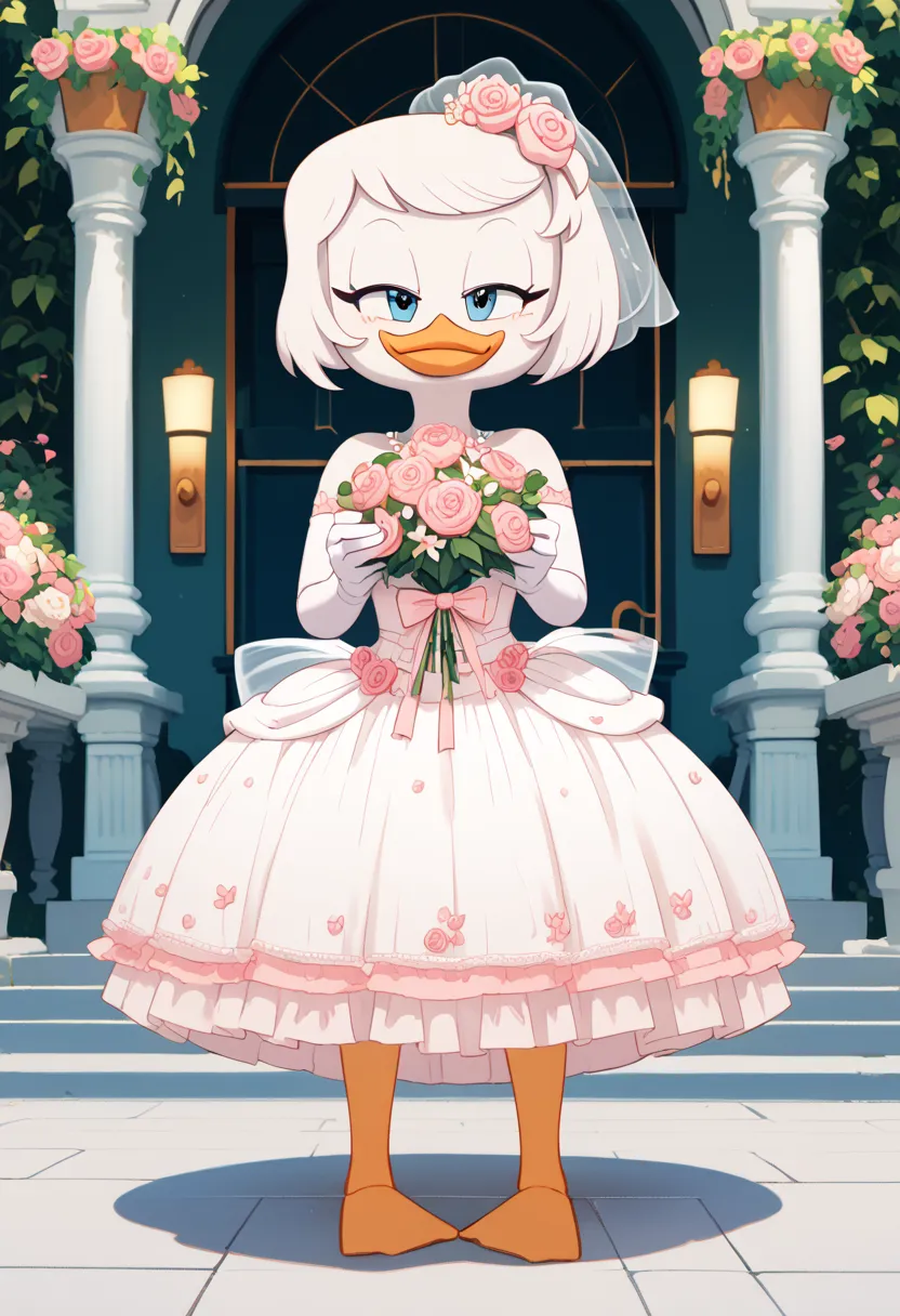 Webby_Vanderquack, anthropomorphic duck, Sensual, yellow legs, duck feet, Duck Beak, white skin, white hair, milf, big boobs, pink wedding dress,  1girl , Alone, Background branco