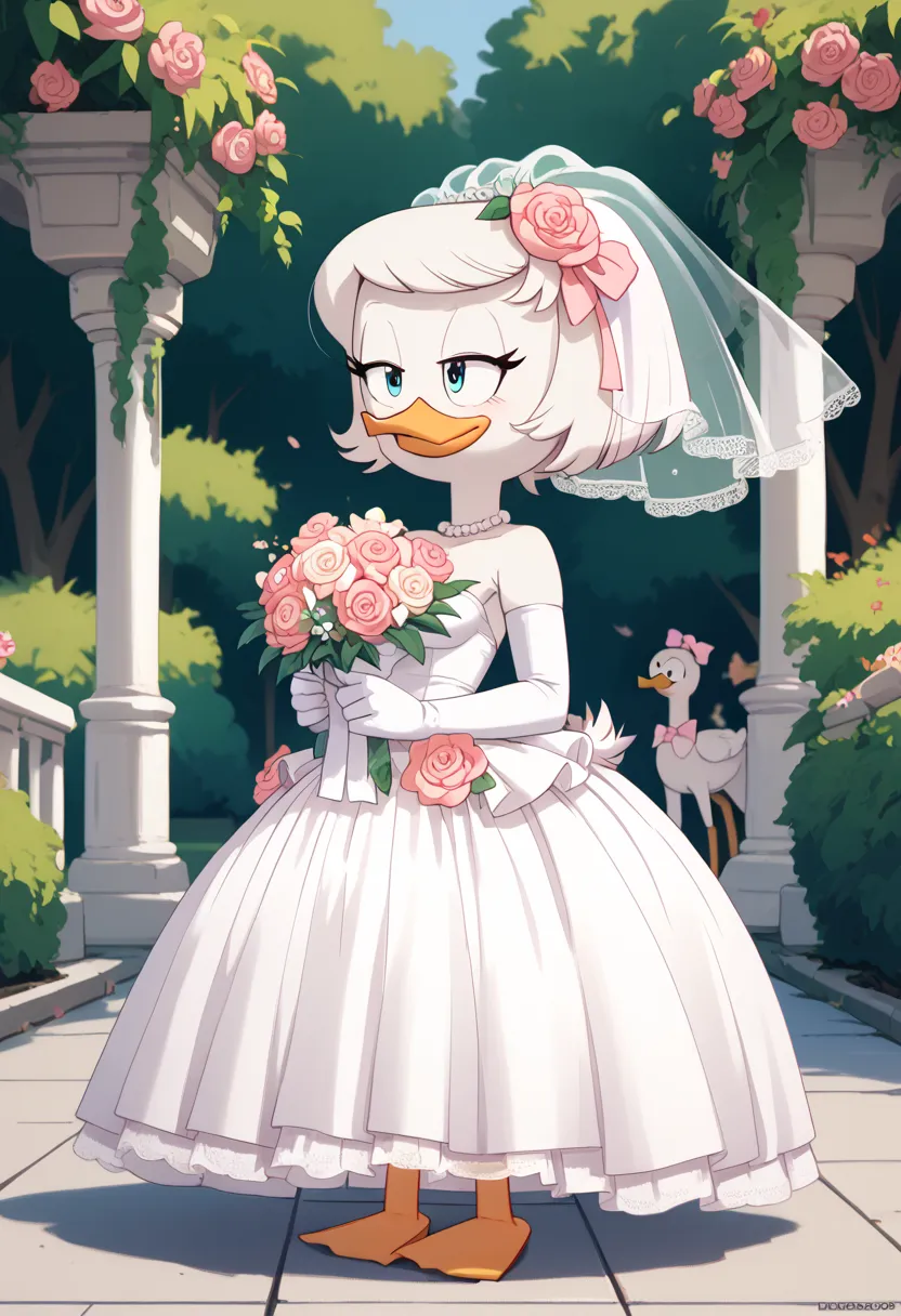 Webby_Vanderquack, anthropomorphic duck, Sensual, yellow legs, duck feet, Duck Beak, white skin, white hair, milf, big boobs, pink wedding dress,  1girl , Alone, Background branco