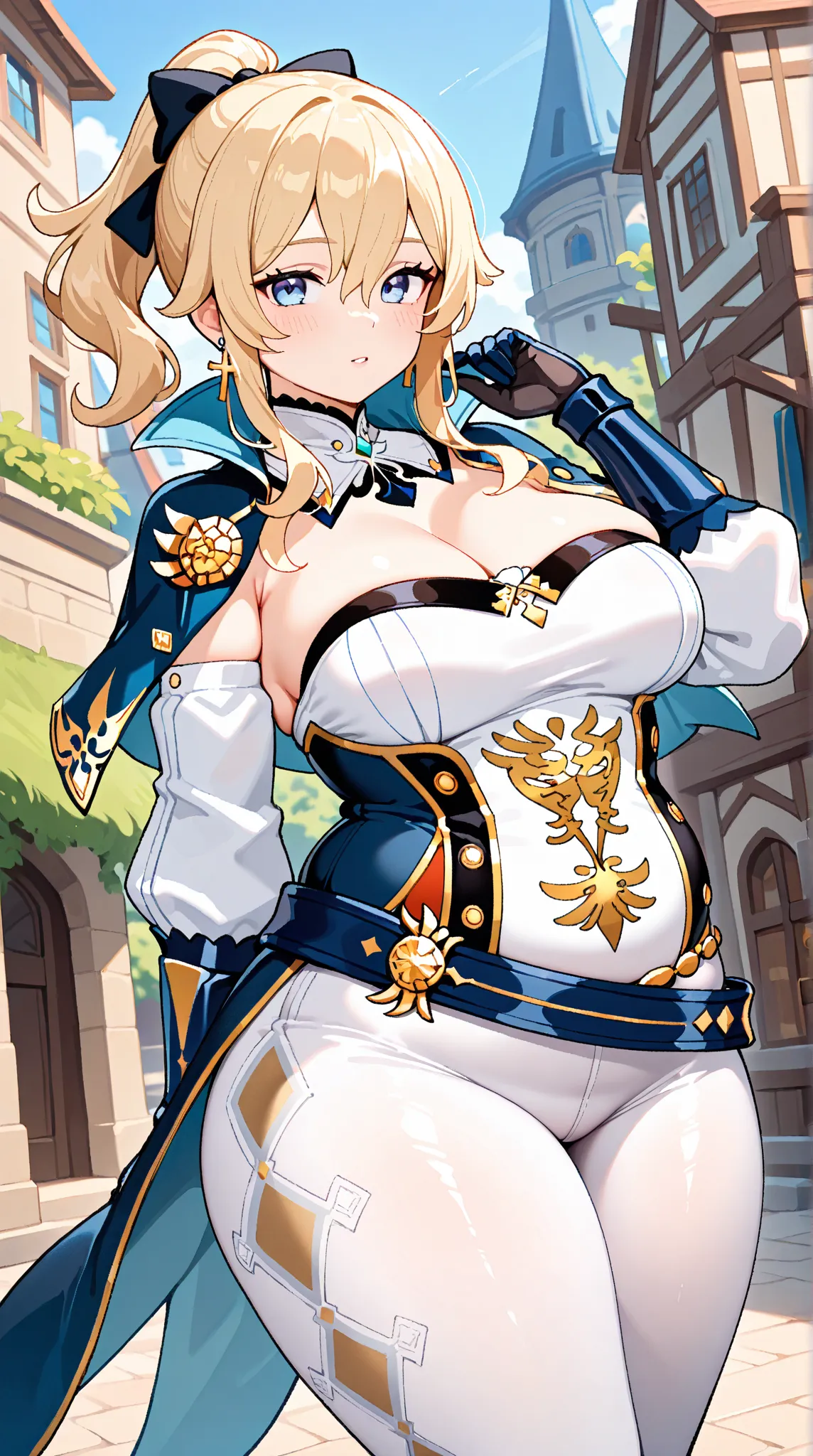 jean (genshin impact), 1girl, solo, long hair, looking at viewer, blue eyes, blonde hair, gloves, jewelry, large breasts,  thighs, ponytail, hair bow, detached sleeves, strapless, capelet,  white pants, tight clothes, cross earrings, tight pants, coattails...