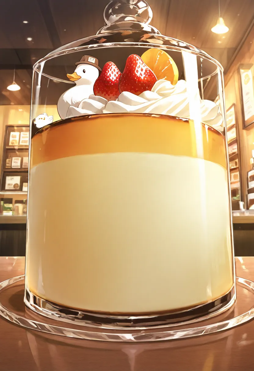 score_9, score_8, score_7, score_6, source anime , mango pudding, white cream,  strawberry , glass base, a white duck, background a coffee shop, ambient light, Focus on pudding.