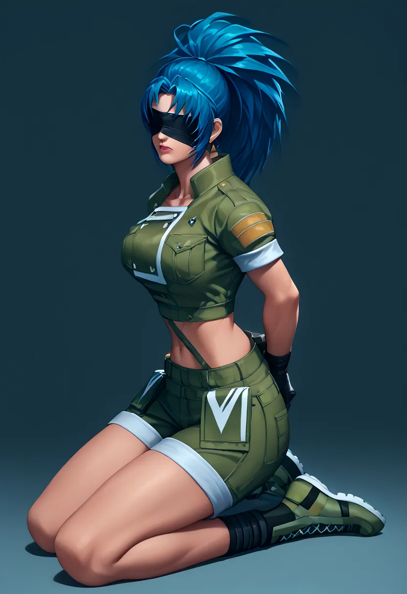 Leona Heidern, big breasts,  arms tied, legs tied, Blindfolded, mouth covered, full body, with knees tied, blue hair, leona heidern traje the king of fighters 2002