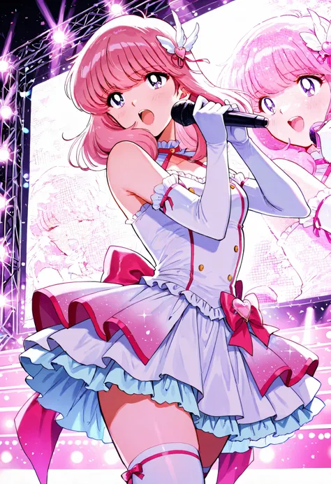 Score_9, score_8_up, score_7_up, source_anime, nakajima_noriko, solo, medium hair, pink hair, purple eyes, (best quality), (high quality), {masterpiece}, extremely delicate and beautiful, ultra-detailed, beautiful detailed eyes, idol, idol costume, pink an...