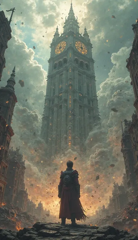 A hyper-realistic scene of a large tower crumbling while a proud person looks up, without realizing the impending destruction, symbolizing the fall of those who trust in themselves.