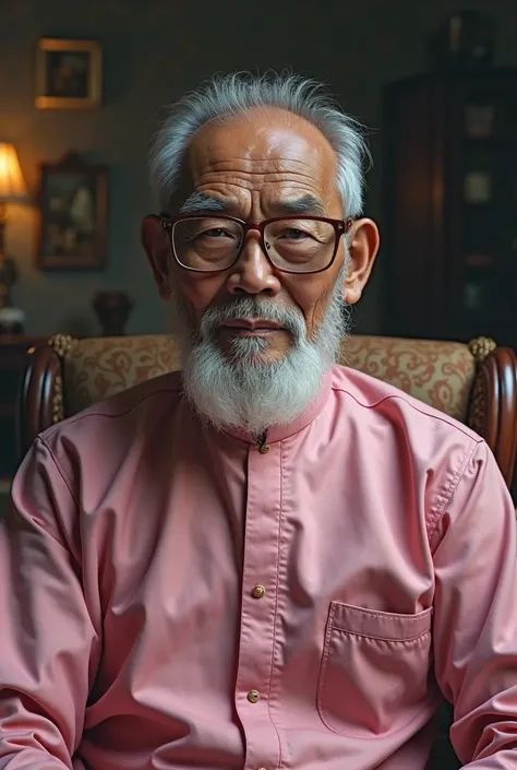 Hyperrealistic image of old Malay guy with beard in pink baju melayu wearing glasses, sitting on chair, cinematic realism