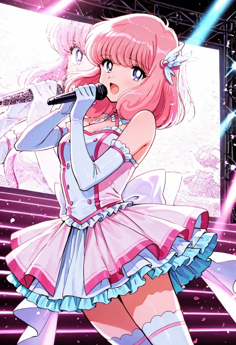 Score_9, score_8_up, score_7_up, source_anime, nakajima_noriko, solo, medium hair, pink hair, purple eyes, (best quality), (high quality), {masterpiece}, extremely delicate and beautiful, ultra-detailed, beautiful detailed eyes, idol, idol costume, pink an...