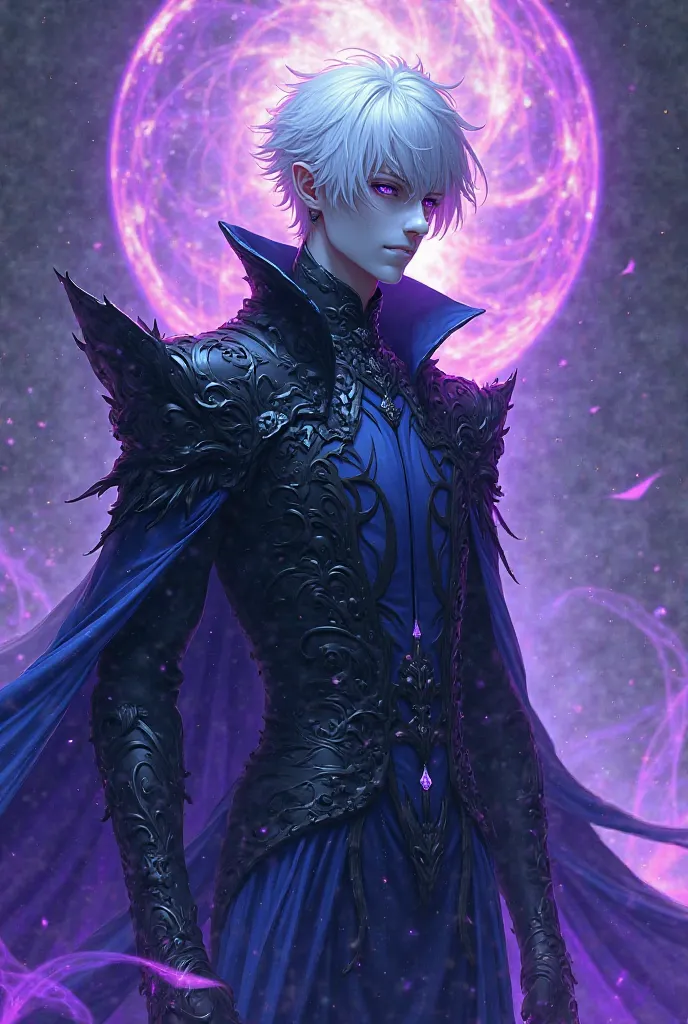 Anime, man with white hair, eyes, purple lights, black and blue dress, wearing a white mask on his whole face