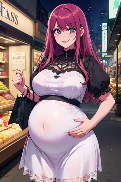 Perfect face. Perfect hands. A pink haired woman with an hourglass figure and a big baby bump in a Gothic lace dress is smiling while shopping in the city