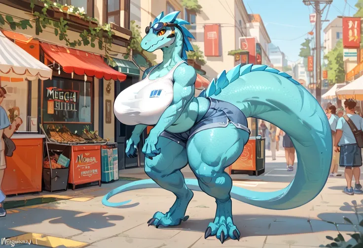 Full anthropomorphic raptor sexy hot thicc giantess slim muscular female, (mega oppai large breasts:1.2) very long digitigrade legs, (wide hips) (white small crop top, thin fabric shorts) 20m long very thick massive long tail full muscle body gigantic rapt...