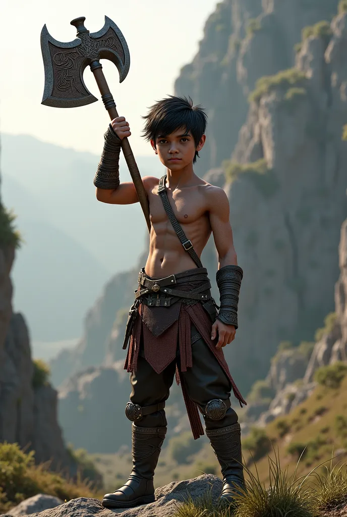 Do a young man with black hair do it inspired by Atreus from God of War, Raising an axe