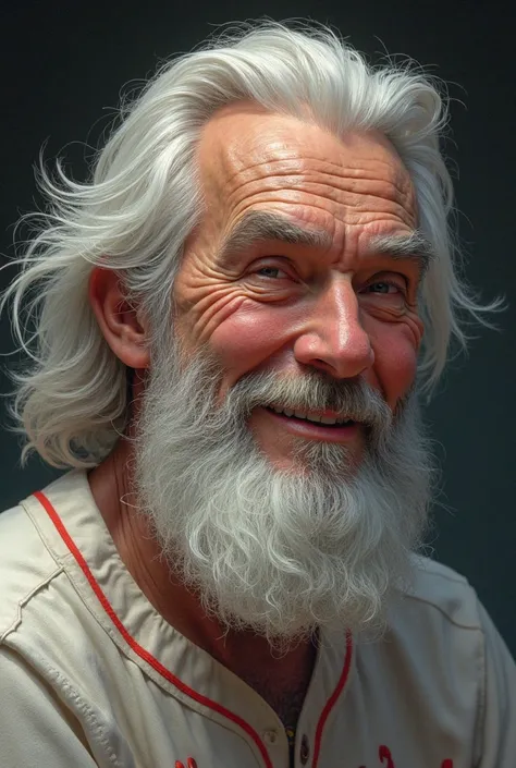 Former baseball player, White hair long short beard thin cheery face