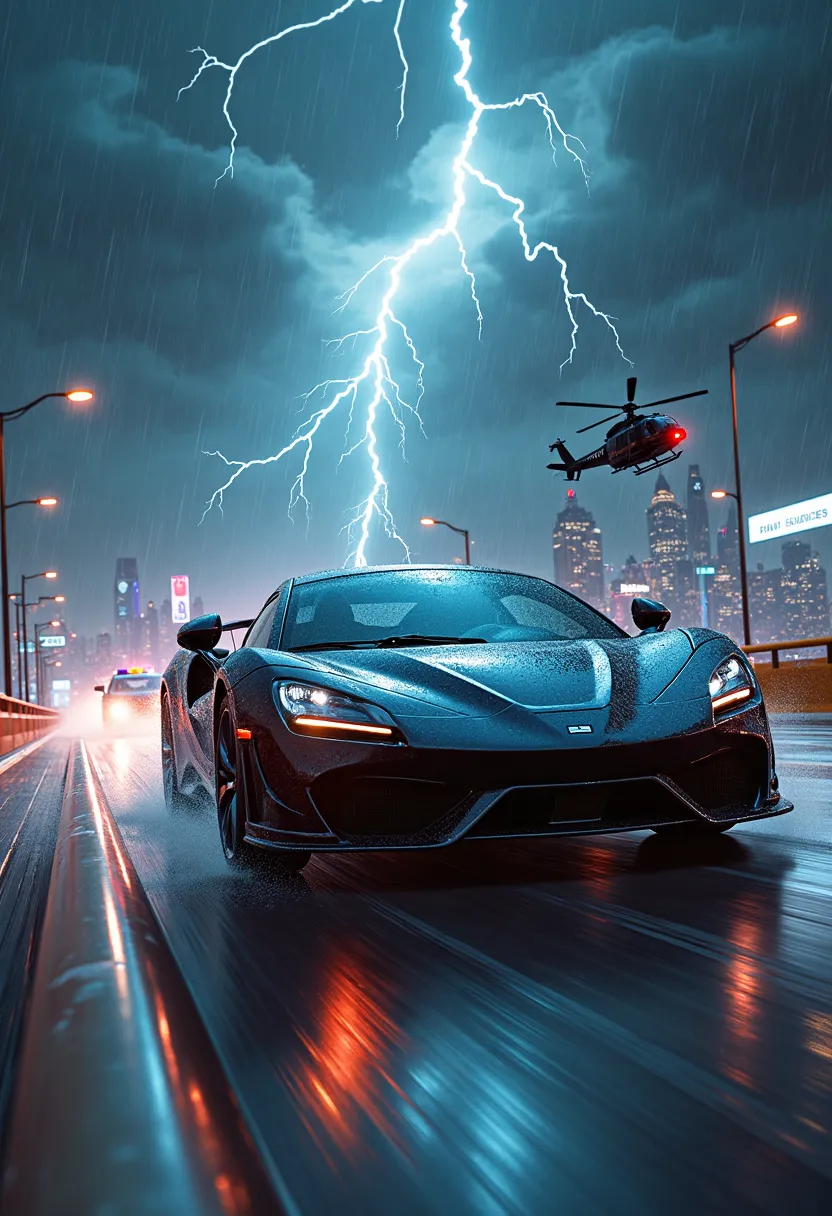 "A high-speed luxury sports car racing down a sleek, rain-soaked highway at night, its glossy body reflecting the neon city lights in the distance. The car’s headlights pierce through the darkness as it leaves behind a faint motion blur, emphasizing its in...