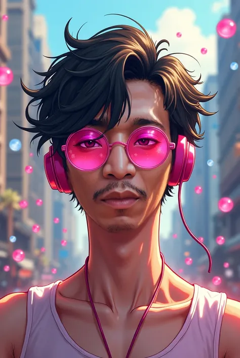 A detailed digital illustration in the style of Dimitry Roulland, featuring An asian skinny nude man with unkempt wet hair wavy layers disheveled, wearing pink sunglasses and headphones, many colorful bubbles shimmering flying scattered around him with dif...