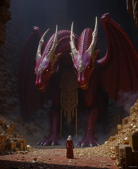 Duoaros, the ancient and enigmatic dual-headed dragon, has guarded the colossal treasure hoard for eons, its massive crimson and violet scales shimmering in the dim light of the cavernous lair.