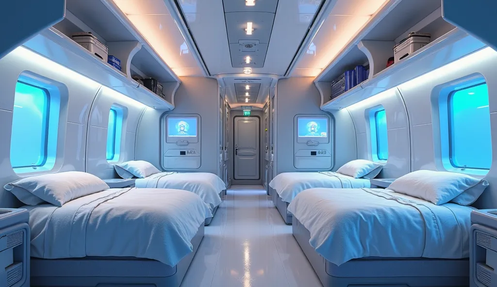 "A high-definition, luxurious interior view of the 2025 Vande Bharat Sleeper Train. The cabin features modern, ergonomic sleeper berths with soft, plush bedding in a premium white and blue color scheme. The walls have sleek, curved paneling with ambient LE...