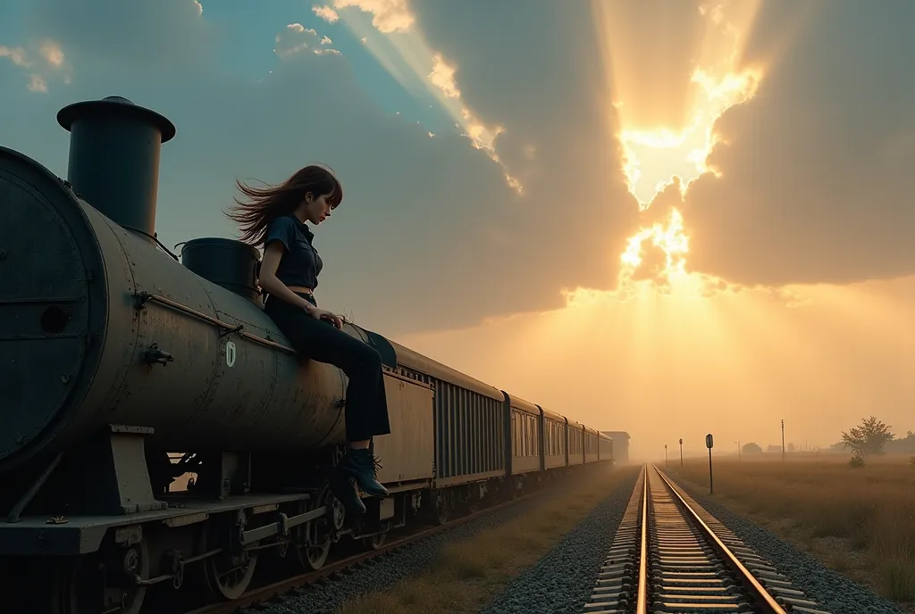 (((A dilapidated old train station on the outskirts of the city))), abandoned for years, A long railroad track extends from the lower left front of the screen to the upper right back of the screen, (((A mossy and rusty train is parked in front of the stati...