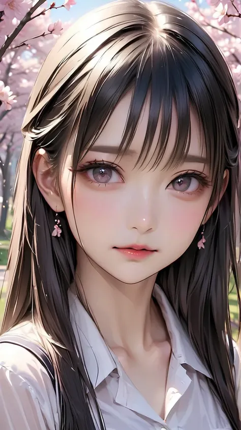 real、 Hair、cute girls、(highest quality), 4K, High Resolution, masterpiece)、  ( small face:1.8, ),  beautiful eyes、Delicate eyebrows, Delicate Lashes, Slim System、 school uniform、white blouse、Chest Valley、Cherry blossom trees、high image quality、highest qual...